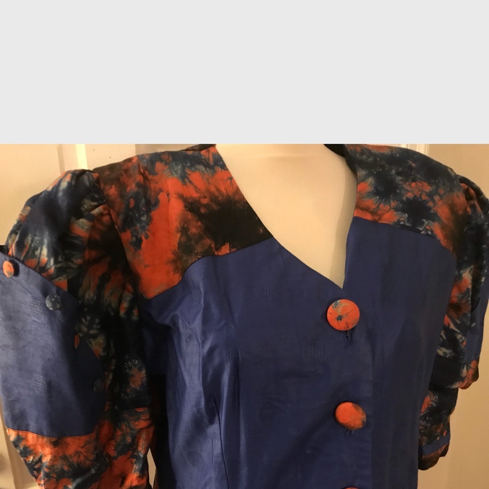 Handmade Blue and Orange Puff Sleeve Peplum Blouse - Picture 2 of 5